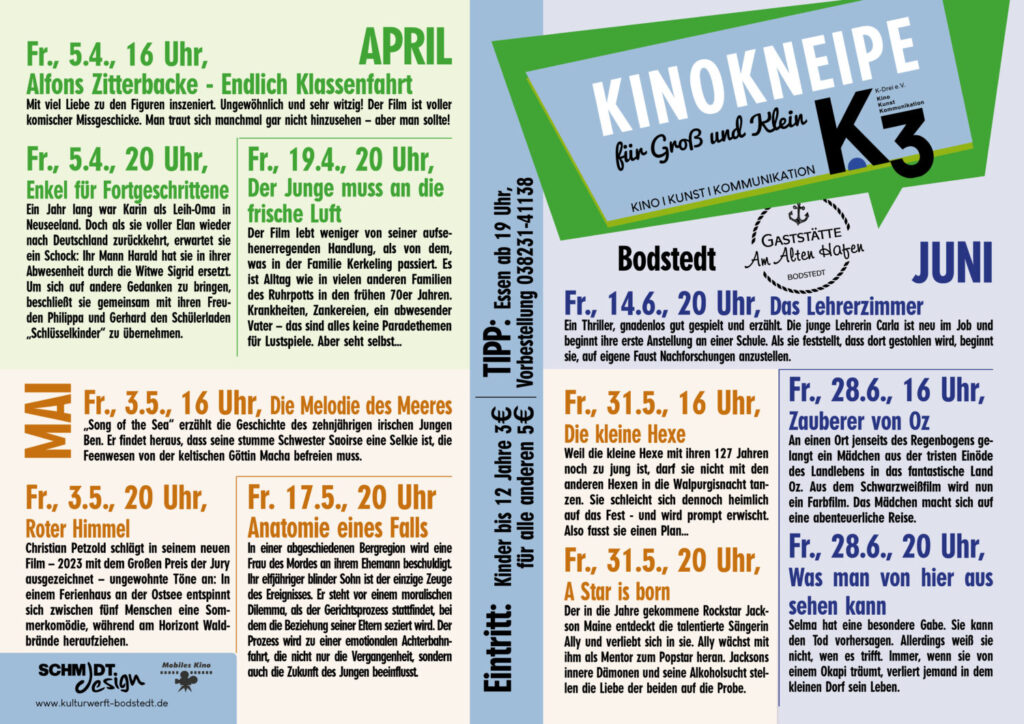 KINOKNEIPE Bodstedt: Programm April - Juni 2024